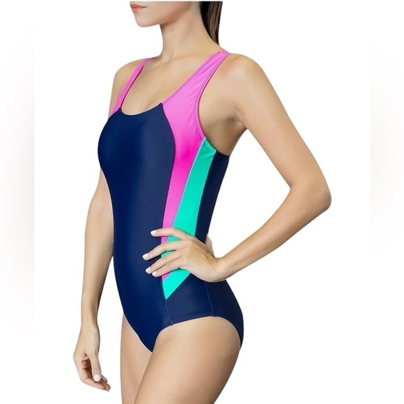 One Piece Color Block Swimsuit Back Cut Out Padded Bra Blue Pink Size 4X… - Picture 1 of 12